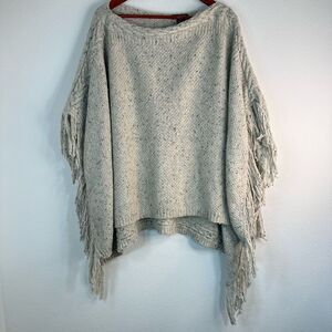 Lauren Ralph Lauren Wool Blend Speckled Knit Poncho Sweater Fringe Trim One Size